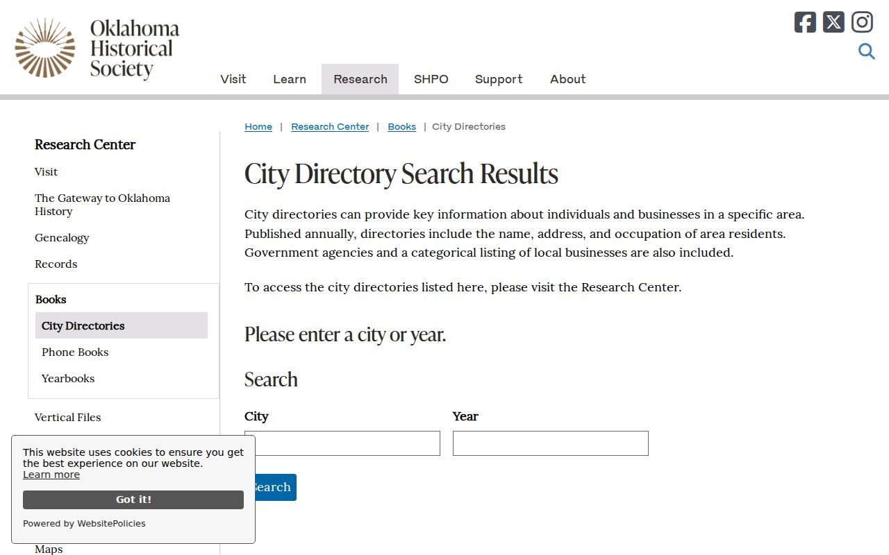 Oklahoma city directory search form with City and Year fields