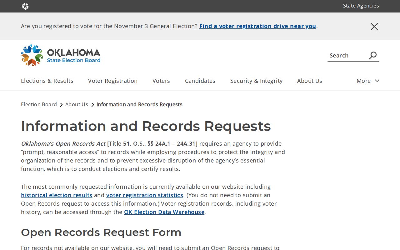 Oklahoma residents directory reference to the State Election Board Open Records request form