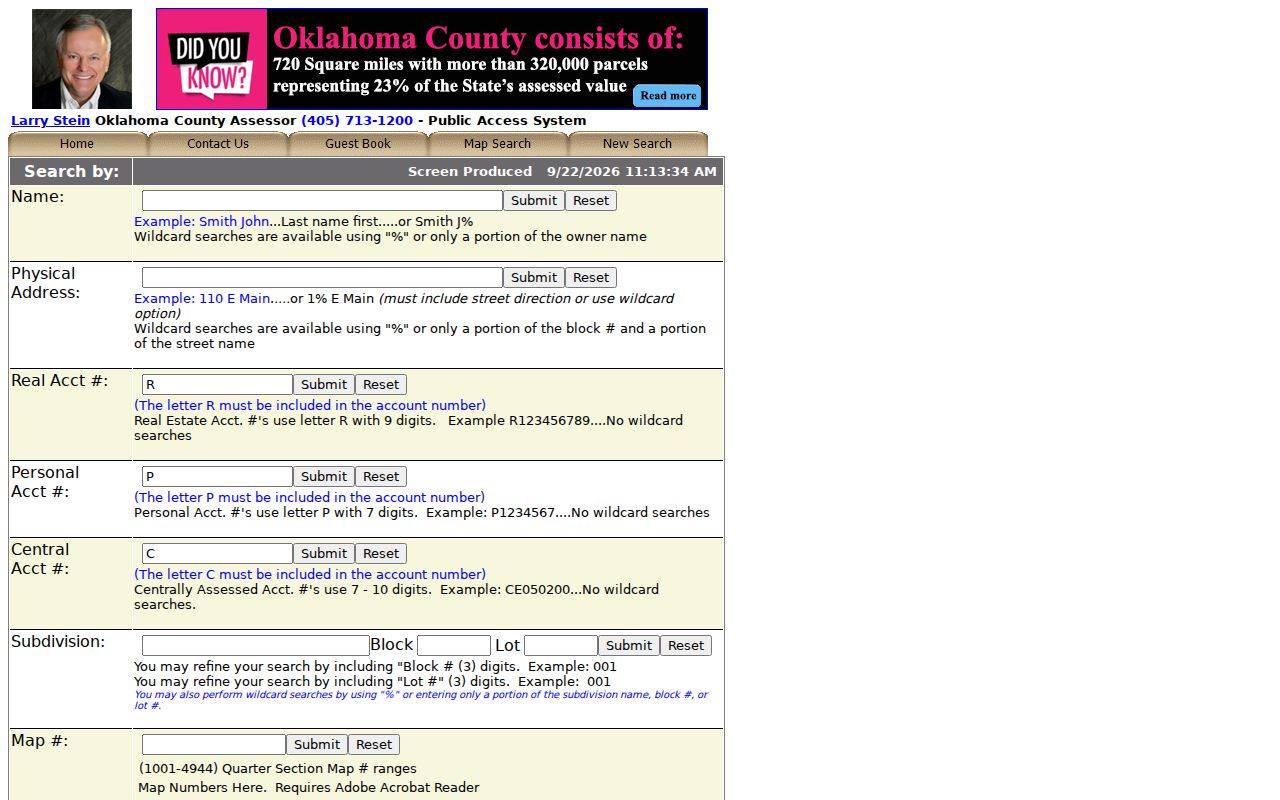 Oklahoma street directory reference showing Oklahoma County Assessor search modes