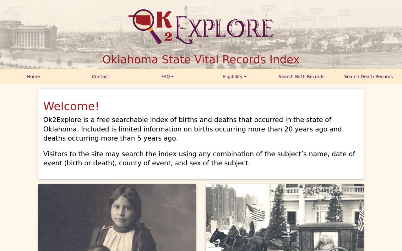 Oklahoma resident lookup in the OK2Explore birth and death index search
