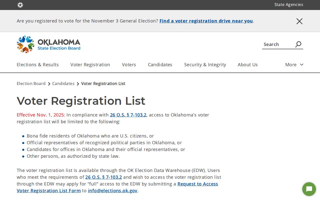 Oklahoma resident lookup access levels for the Election Data Warehouse