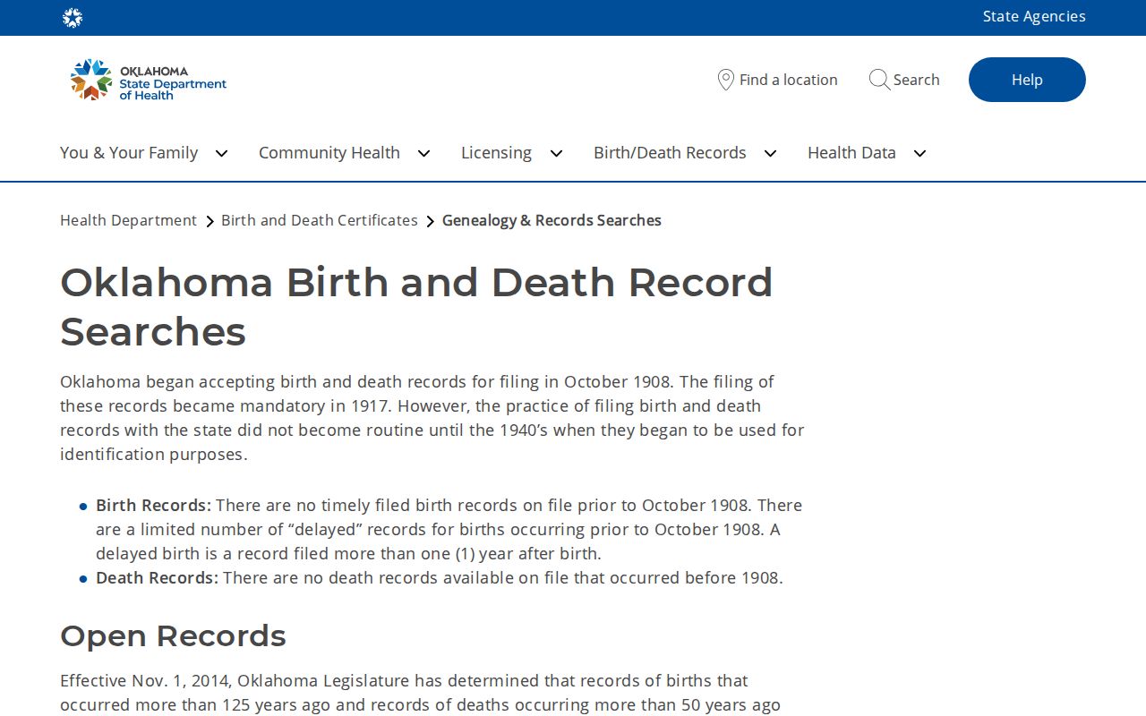 Oklahoma resident lookup showing open and closed vital record rules