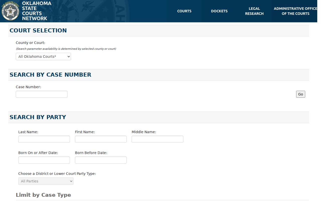 Oklahoma resident lookup using OSCN county, party, and case search fields