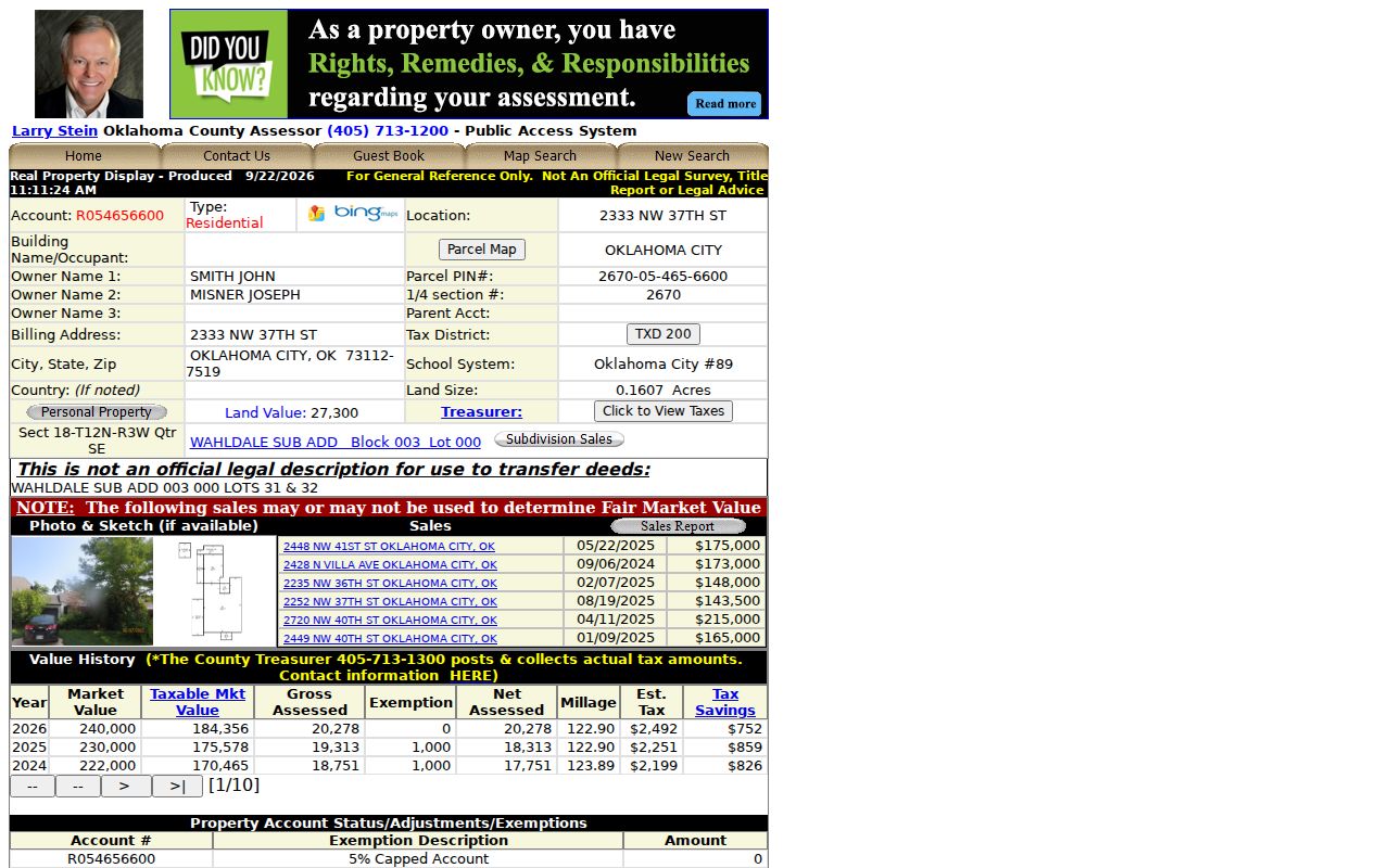 Oklahoma residents directory sample parcel record showing owner, legal description, and billing address
