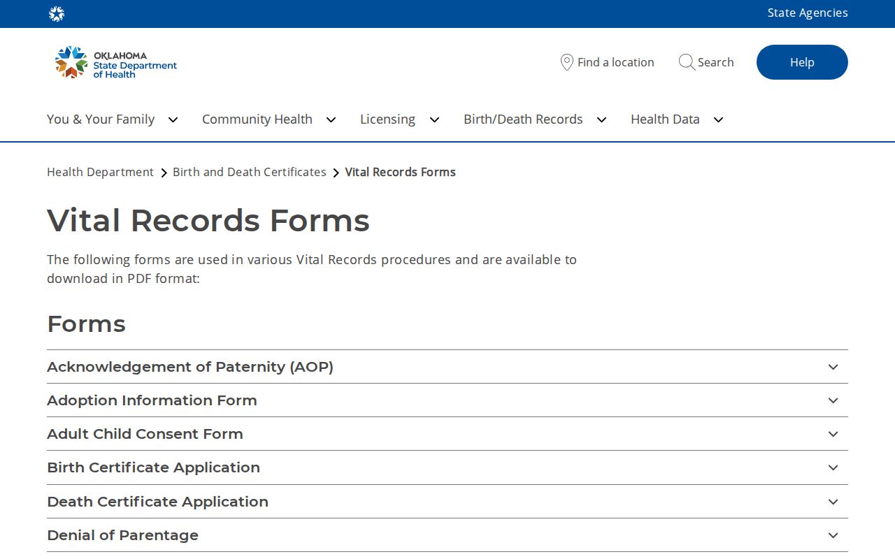 Oklahoma resident lookup through the state vital record application page
